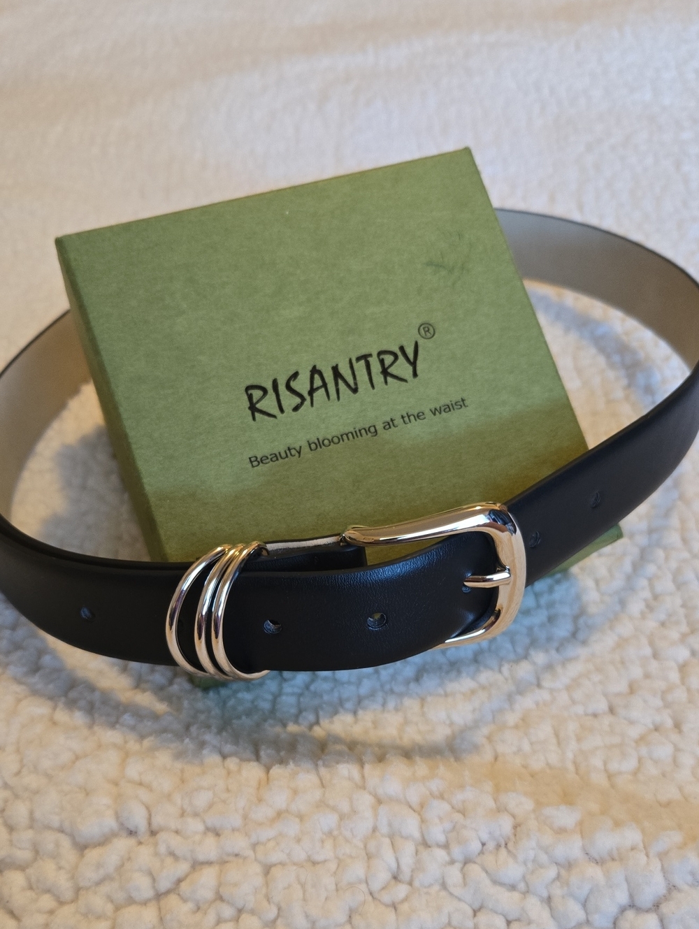 Women's Black Leather Belt with Silver Buckle